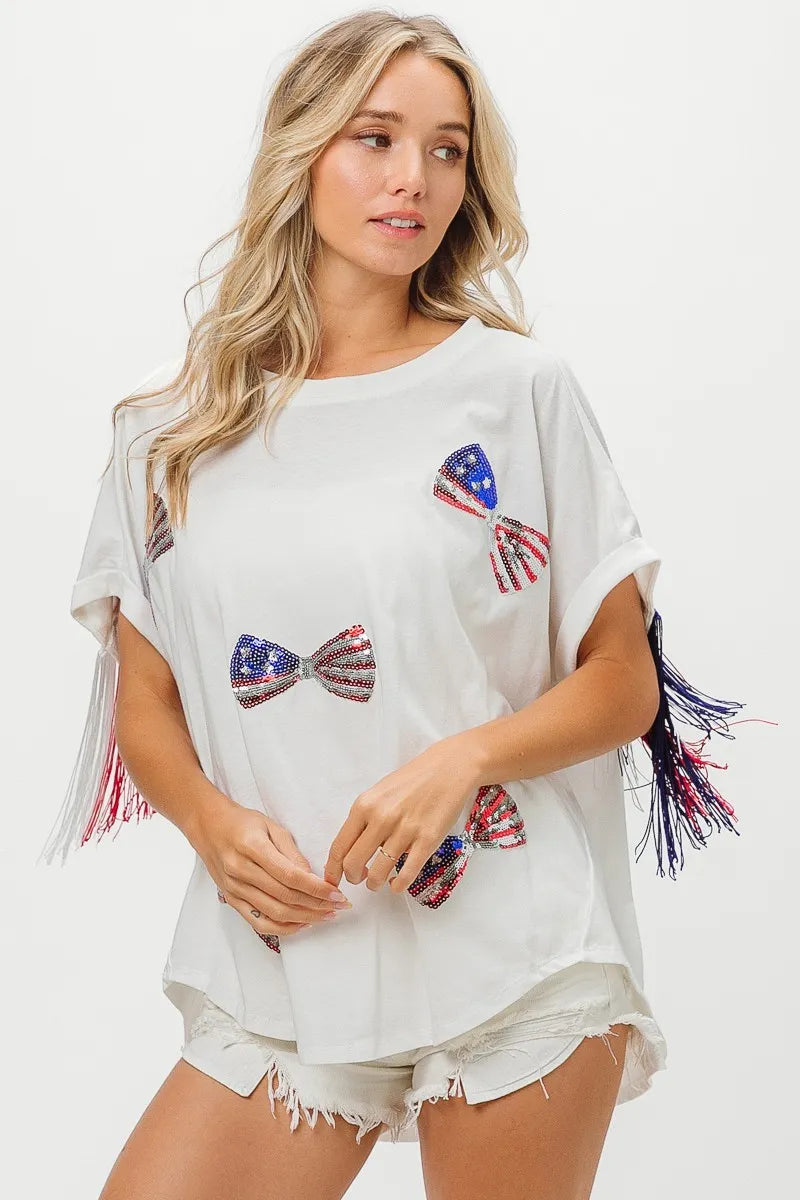 BiBi American Flag Sequin Ribbon T-Shirt - Love Salve